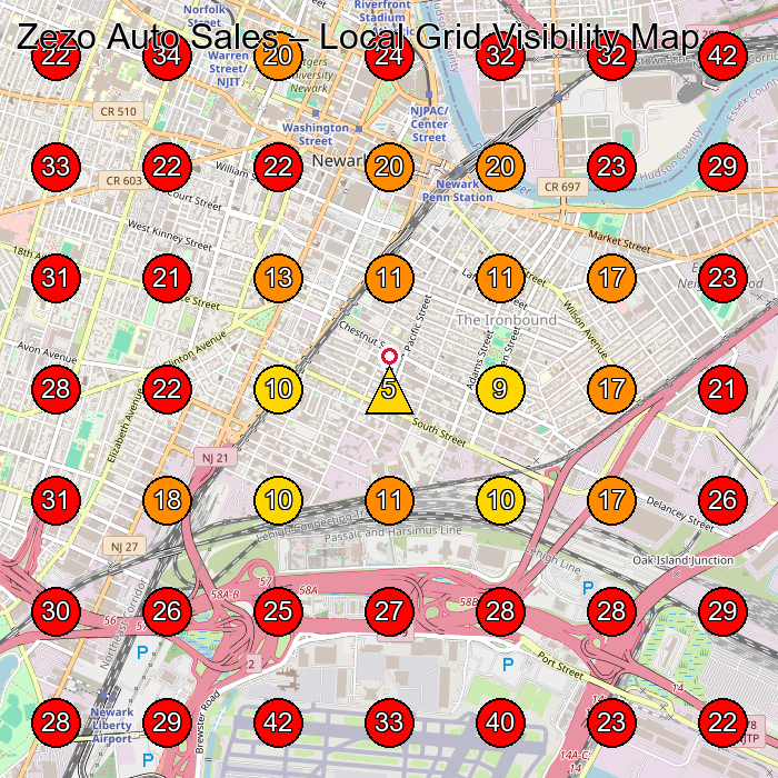 Zezo Auto Sales GeoGrid visibility map for Used Car Dealer in Newark